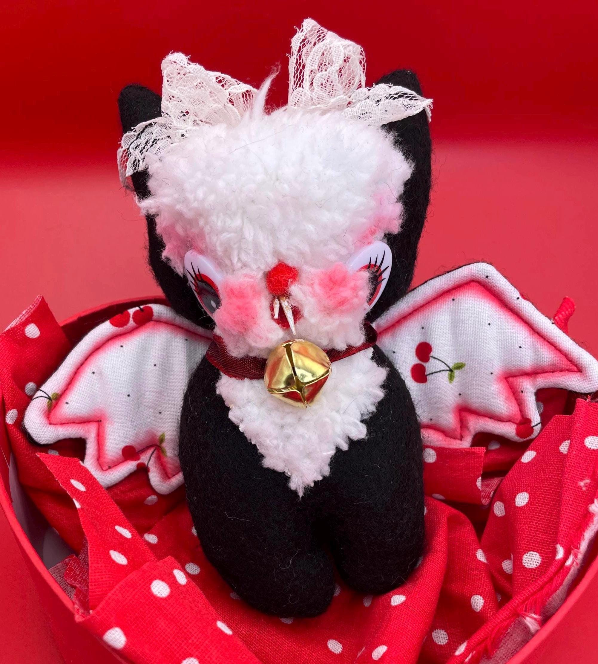 Bat Plushie Small Palm-Sized Black & White Bell - Softie Plush Toy Halloween Kitsch Gift Collectible Creepy Cute Kawaii Meyercor
