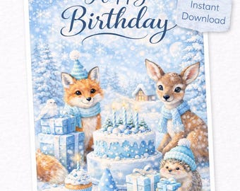 Winter Birthday Card Printable, Woodland Animals Birthday Card, Cozy Snow Birthday Card, Cute Fox Deer Hedgehog Card