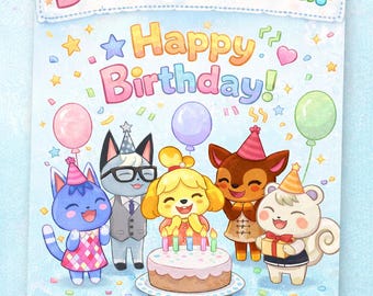 Verjaardagskaart van ACNH met Rosie, Raymond, Fauna, Marshall en Isabel (digitale download)