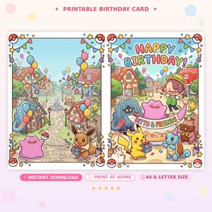 May include: A printable birthday card featuring a colorful illustration with the text "HAPPY BIRTHDAY!" and "DITTO & FRIENDS." The card has a cartoon village scene with various characters, balloons, and festive decorations. The card is available for instant download and print at home.