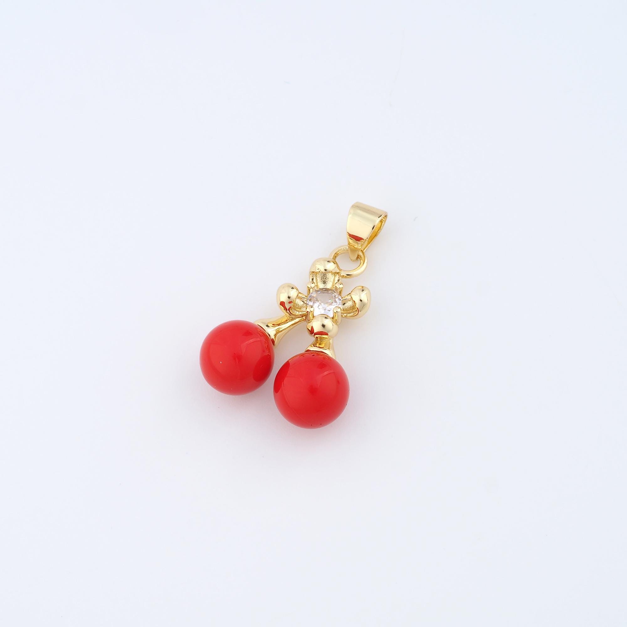 18K Gold Filled Enamel Cherry Charms,micropavé CZ Fruit Pendant