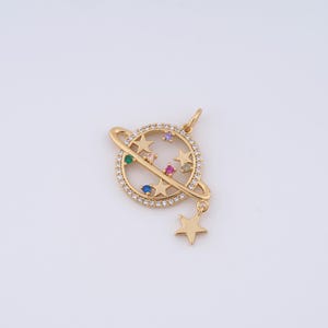 18K Gold Filled Saturn Charms,Micropavé CZ Star Pendant for DIY Jewelry Making Supply