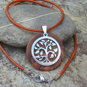 Necklace olive wood Tree of Life pendant leather stainless steel natural wooden jewelry handmade alentejoazul olive tree portugal hippy boho BROWN LEATHER