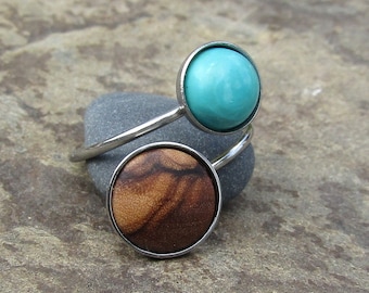 double ring olive wood turquoise howlite stainless steel adjustable cabochon wooden jewelry Hypoallergenic alentejoazul olive tree vegan