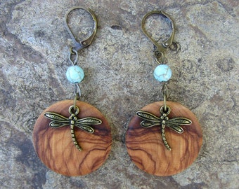 Pendientes madera olivo libélula Howlita turquesa azul bronce aretes madera alentejoazul portugal  redondo hecho a mano