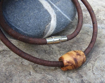 Necklace olive wood cork cord magnetic dark brown tube pendant stainless steel wooden cork jewelry vegan alentejoazul necklace men man