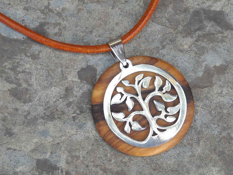Necklace olive wood Tree of Life pendant leather stainless steel natural wooden jewelry handmade alentejoazul olive tree portugal hippy boho