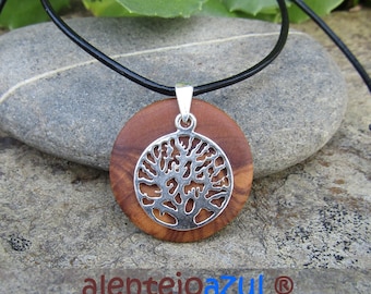 Collier bois d'olivier arbre de vie 925 argent sterling cuir bijoux en bois d'olivier vegan alentejoazul portugais portugal talisman naturel