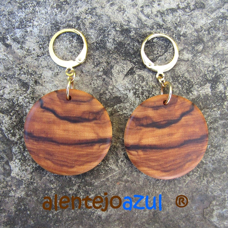 Pendientes Aros madera de olivo Madera 2,5 cm Joyas madera Círculos Pendientes aro alentejoazul redondos ligero boho hippy vegano natural 4 Lever back Gold