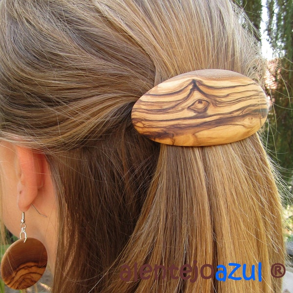 Barrette bois d'olivier ovale pince cheveux épais bois alentejoazul natural portugal artisan barrette française bijoux bois épingles cheveux