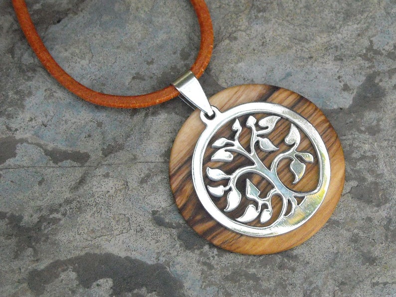 Necklace olive wood Tree of Life pendant leather stainless steel natural wooden jewelry handmade alentejoazul olive tree portugal hippy boho