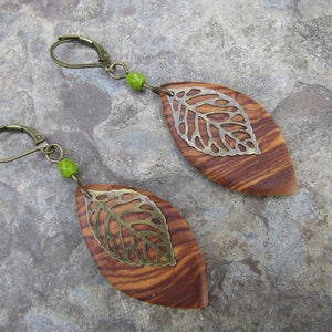 Earrings olive wood leaf leaves hoop green glass wooden earhangers alentejoazul bronze natural wooden jewelry vegan boho hippy image 8