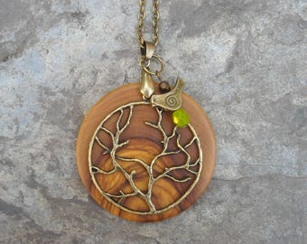 Necklace olive wood Tree of Life bird green bronze chain wooden jewelry alentejoazul amulet talisman olive tree pendant vegan portugal