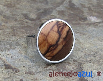 Ring olive wood stainless steel adjustable cabochon 18 mm wooden natural jewelry ring alentejoazul jewelry portuguese vegan olive tree