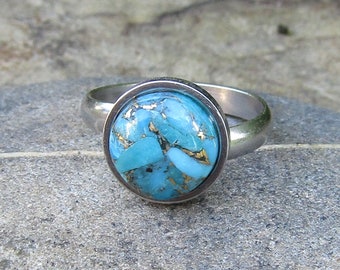 Bague turquoise bleu cuivre cabochon acier inoxydable hypoallergénique anneau alentejoazul portugal réglable cadeau ami noel