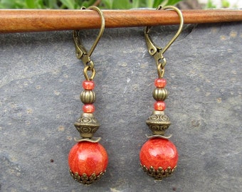 Boucles d'oreilles corail rouge bronze  Boucles d'oreilles boho bronze alentejoazul  vintage hippy Cadeau mère petite amie