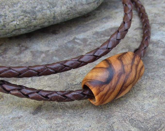 Necklace olive wood tube pendant braided leather cord brown stainless steel wooden jewelry alentejoazul  necklace for men, man portugal