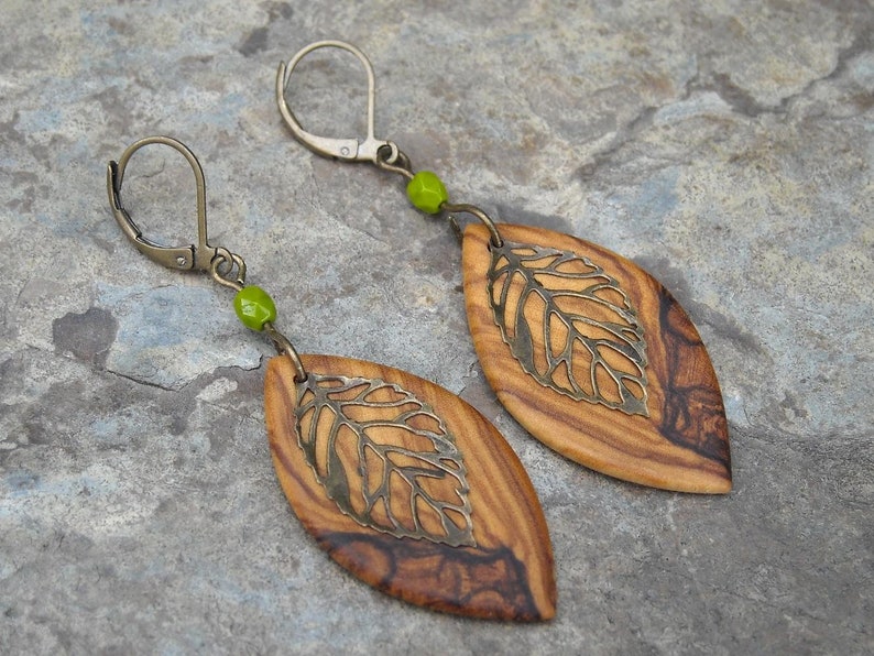 Earrings olive wood leaf leaves hoop green glass wooden earhangers alentejoazul bronze natural wooden jewelry vegan boho hippy image 1