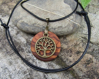 Collier bois d'olivier arbre de vie cordon cuir noir réglable bijoux bois amulette alentejoazul talisman olive pendentif  portugal