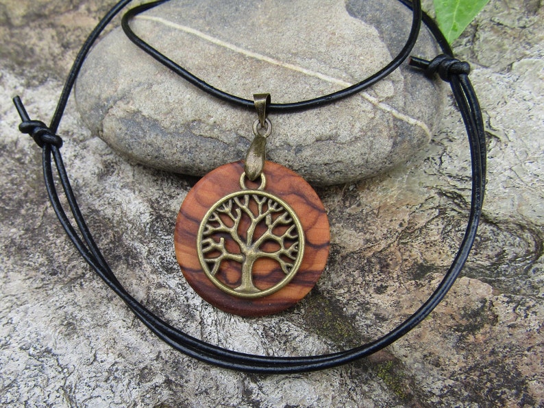 Necklace olive wood Tree of Life leather black wooden jewelry alentejoazul amulet talisman olive tree pendant portugal boho hippy image 1