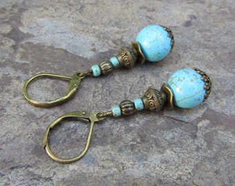 Boucles d'oreilles turquoise Howlite bronze  Boucles d'oreilles boho bronze alentejoazul bleu vintage