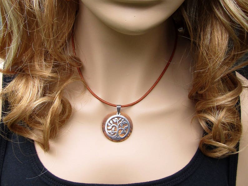 Necklace olive wood Tree of Life pendant leather stainless steel natural wooden jewelry handmade alentejoazul olive tree portugal hippy boho
