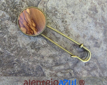 Shawl Pin olive wood kilt needle brooch wooden scarf pin cardigan cloth brooch handmade wooden cabochon alentejoazul bronze clasp clip