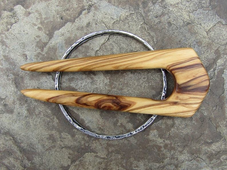 Hairpin olive wood circle ring mini Hairfork 2 prong shawl pin half bun Hair stick wooden hair clip slide round barrette alentejoazul image 3