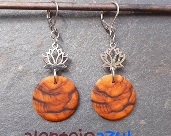 Earrings olive wood lotus flower yoga Hoops 0.78" 2 cm créoles circle wooden earhangers alentejoazul natural jewelry portugal boho hippy
