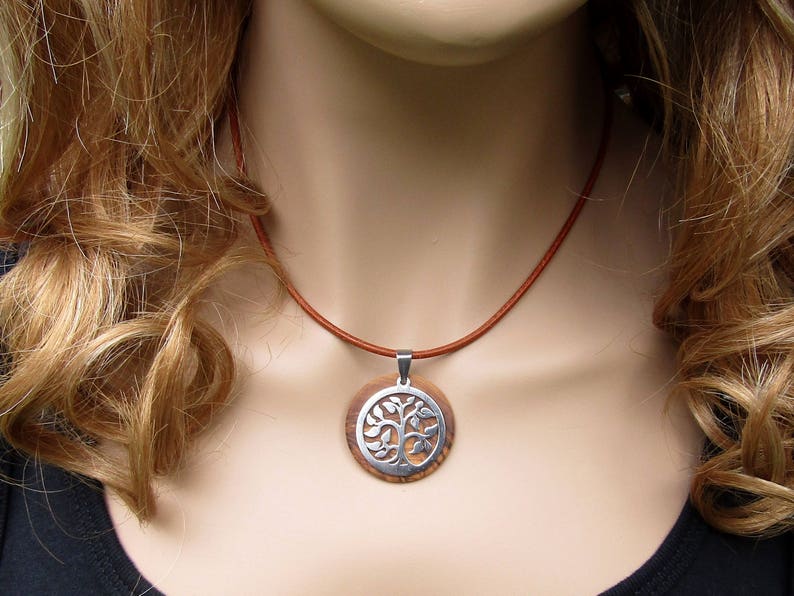 Necklace olive wood Tree of Life pendant leather stainless steel natural wooden jewelry handmade alentejoazul olive tree portugal hippy boho image 6