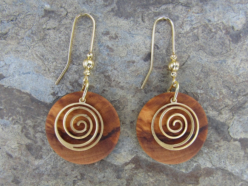 Earrings olive wood spiral swirl gold plated coil g infinity ethno yoga créoles round wooden golden boho alentejoazul natural jewelry vegan image 3