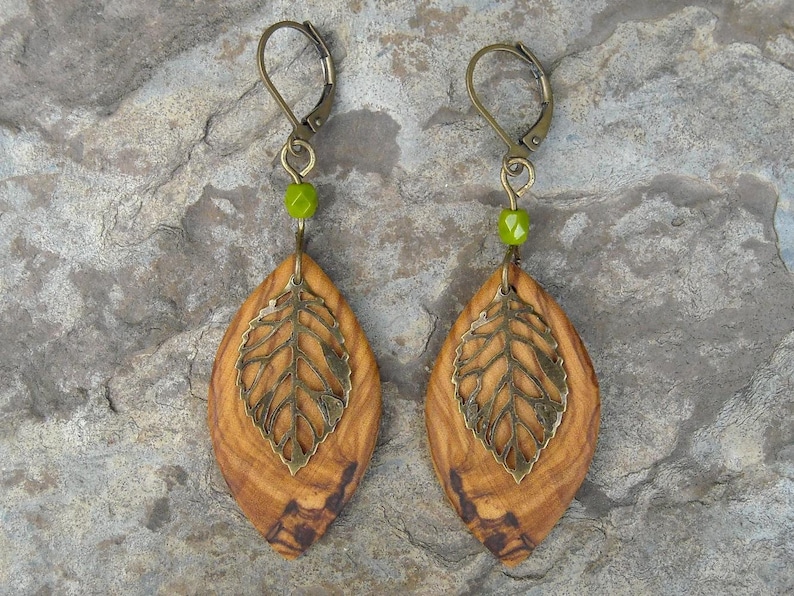 Earrings olive wood leaf leaves hoop green glass wooden earhangers alentejoazul bronze natural wooden jewelry vegan boho hippy image 6