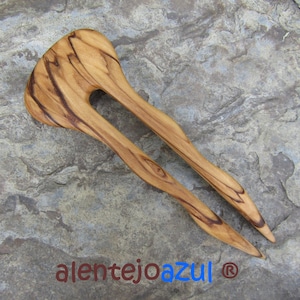 Hairfork olive wood 2 prong curved Hair stick handcrafted hair pin wooden curved alentejoazul hair fork vegan eco friendly portugal hair toy