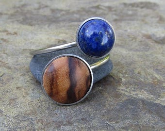 Anillo doble madera de olivo lapislázuli acero inoxidable anillo de madera ajustable cabujón anillo de dedo azul azul oscuro hipoalergénico ajustable