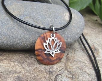 Necklace olive wood lotus flower yoga stainless steel chain wooden jewelry alentejoazul wooden pendant talisman amulet present christmas