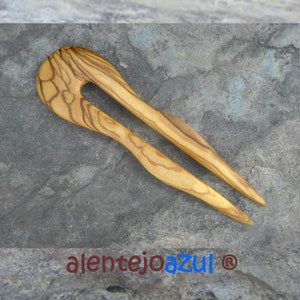 Hairfork olive wood 2 prong curved Hair stick handcrafted hair pin wooden curved alentejoazul hair fork vegan eco friendly portugal hair toy