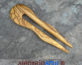 Hairfork olive wood 2 prong curved Hair stick handcrafted hair pin wooden curved alentejoazul hair fork vegan eco friendly portugal hair toy