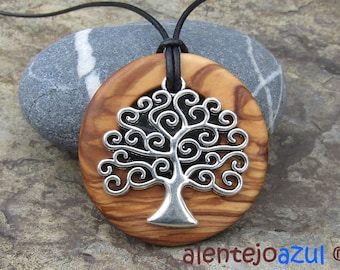Collier bois d'olivier arbre de vie  cuir brun noir bijoux bois alentejoazul naturel olivier portugal pendentif  yggdrasil