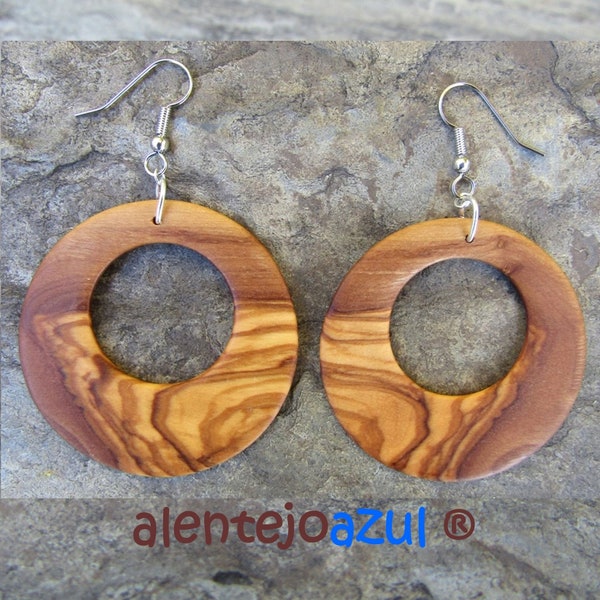 Earrings olive wood Hoops 1.96" light 5cm créoles round wooden hoop earhangers alentejoazul natural jewelry portugal vegan earhanger dangle