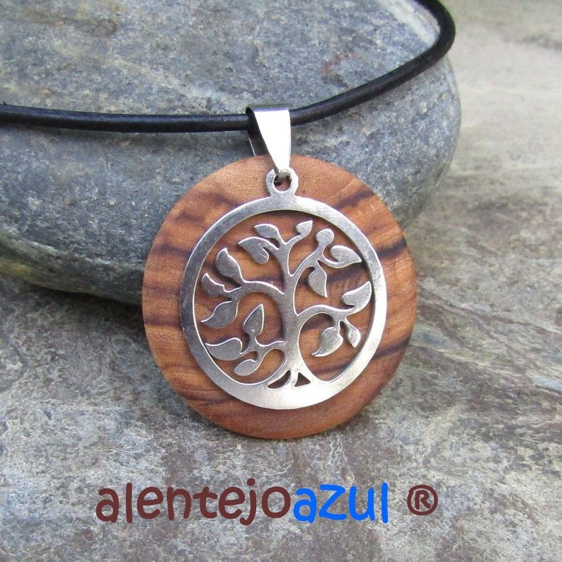 Necklace olive wood Tree of Life pendant leather stainless steel natural wooden jewelry handmade alentejoazul olive tree portugal hippy boho image 4
