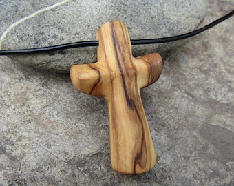 Necklace olive wood cross black leather cord crucifix wooden jewelry alentejoazul , necklace for men, man baptism jesus christ