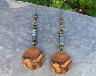 Boucles d'oreilles bois d'olivier africain turquoise lotus fleur yoga créoles rond bois boho alentejoazul bronze naturel bijoux vegan