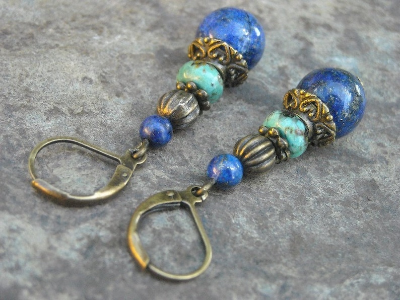 Earrings Lapislazuli african Turquoise Bronze earhangers alentejoazul dark blue boho hippy antique bronze handmade oriental image 1