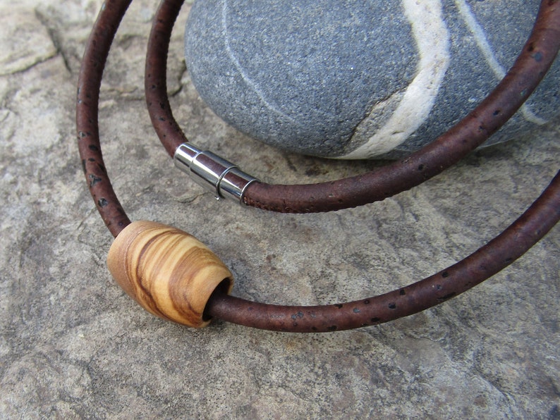 Necklace olive wood cork cord magnetic dark brown tube pendant stainless steel wooden cork jewelry vegan alentejoazul necklace men man image 10