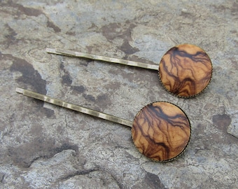 Set 2 pince à cheveux bois d'olivier bois alentejoazul natural portugal artisan barrette mini  bijoux bois clip épingles cheveux bronze