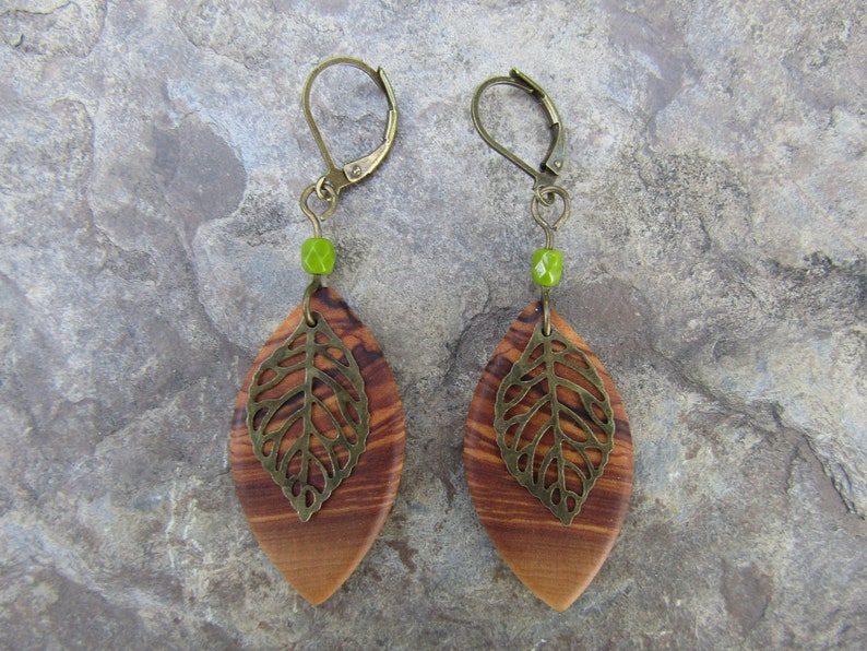 Boucles d'oreilles bois d'olivier feuilles vert olive verre alentejoazul portugal feuille bois bijoux végétalien naturel boho olive image 9