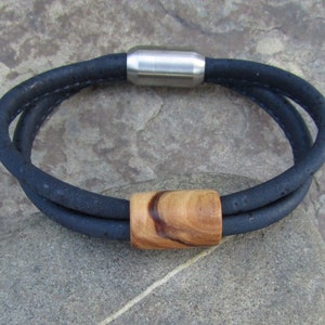 Bracelet Olive Wood Cork Magnetic Stainless Steel Blue Vegan Leather ...