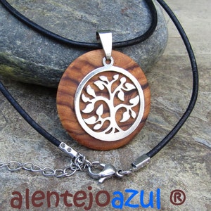 Necklace olive wood Tree of Life pendant leather stainless steel natural wooden jewelry handmade alentejoazul olive tree portugal hippy boho image 1