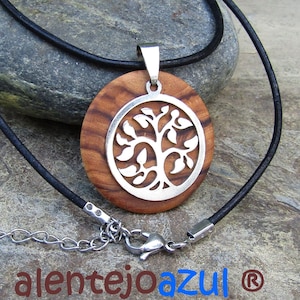 Ketting olijfhout levensboom hanger leer roestvrij staal natuurlijke houten sieraden handgemaakte alentejoazul olijfboom portugal hippie boho