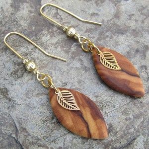 Earrings olive wood leaf leaves brass wooden ear hangers alentejoazul bronze natural handmade jewelry vegan boho hippy gold plated gift